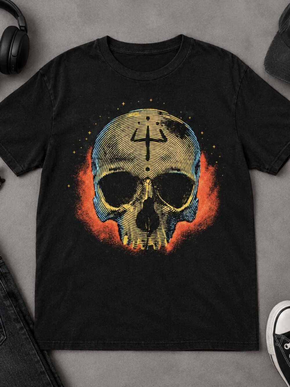 Gothic Skull Engraving Graphic Tee - Dark Retro Halloween Horror Shirt